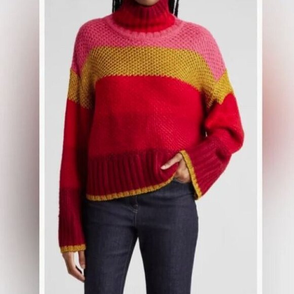 Farm Rio Shiny Stripe Colorblock Sweater Red Multi Small Oversized New - Picture 1 of 5